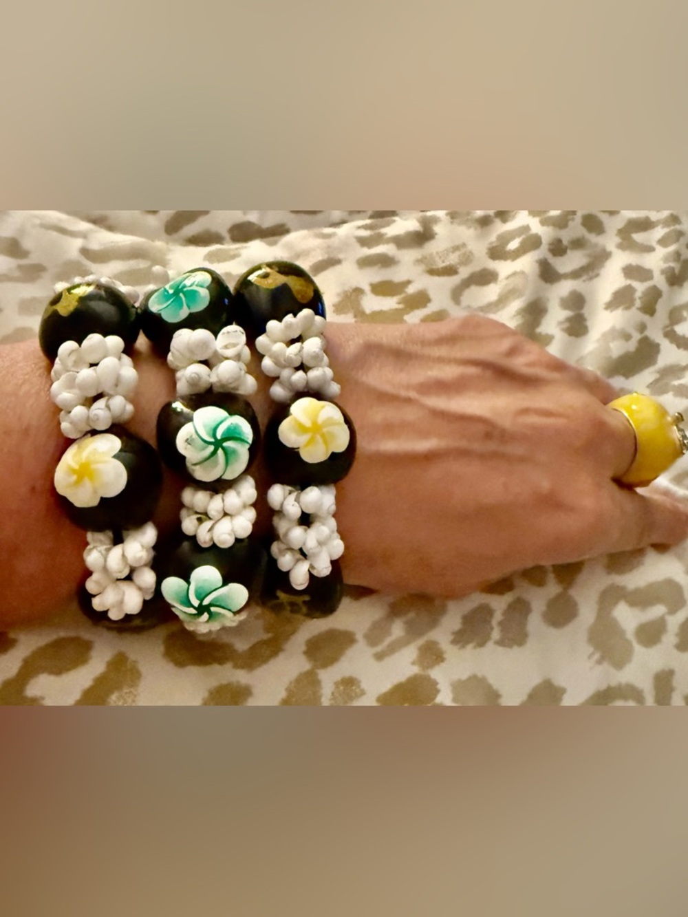 Vintage Kukui and Shell Plumeria Bead Stretch Bracelets - Green & Yellow Accents